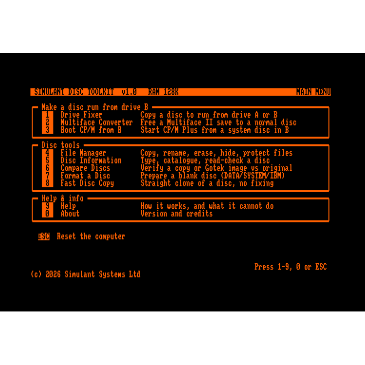 Simulant Disc Toolkit for Amstrad CPC - fix or patch games to load from Drive B Simulant Disc Toolkit for Amstrad CPC - fix or patch games to load from Drive B